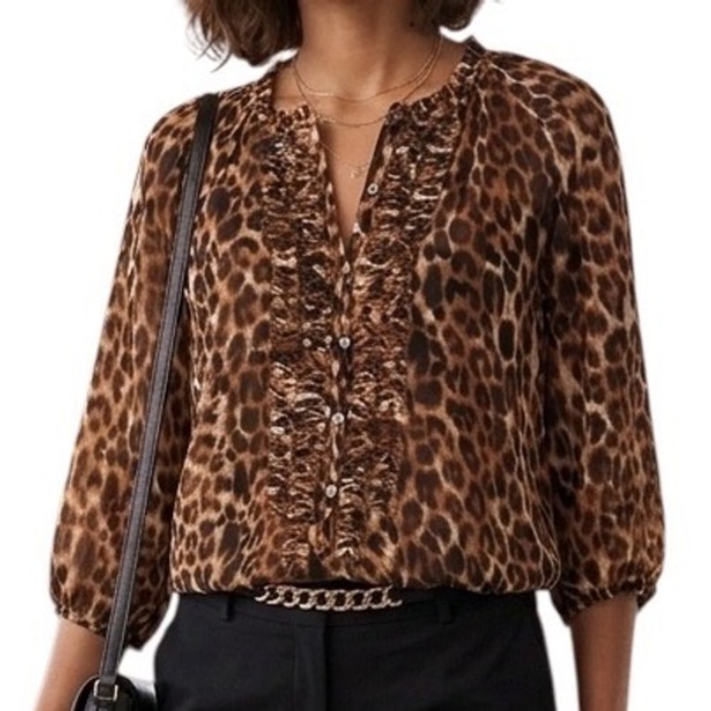 Express Womens Leopard Print Ruffle Button Front Chiffon Classic Blouse‎  Small